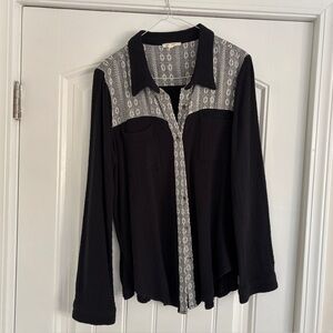 Black and Cream Embroidered Button-Up Shirt